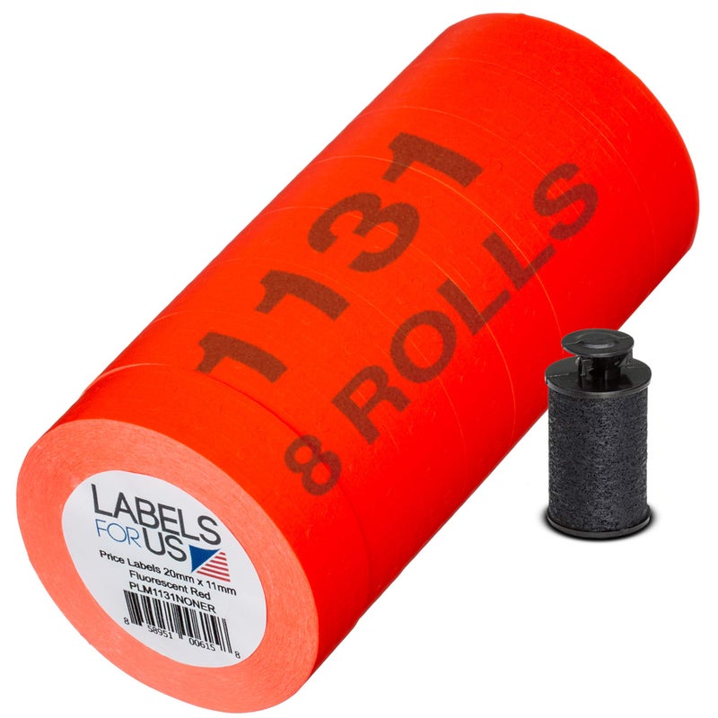 Labels for Us Labels for Monarch 1131 Labeler - Fluorescent Red - 20,000 Labels - Pack with 8 Rolls - Ink Roller Included - Made and Delivered by Labels for Us - Image 1
